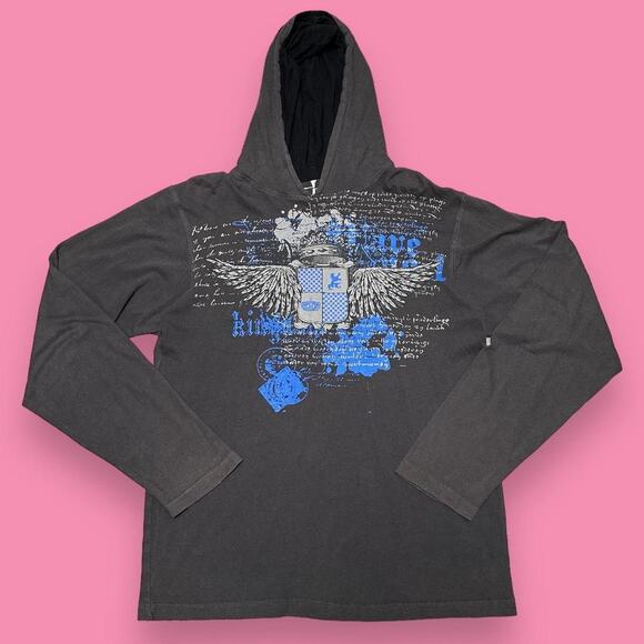 Parts Cyber Y2K Grunge Graphic Angel Wings Pullover Long Sleeve Hoodie Size L - Picture 1 of 3